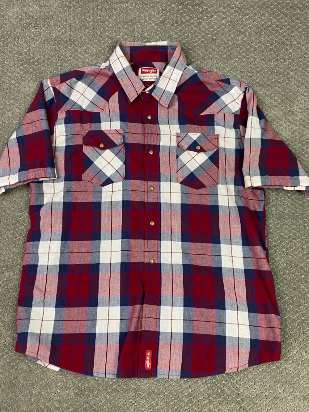 Wrangler Pearl Snap Shirt Men's XL Red White Blue Short Sleeve Plaid Western